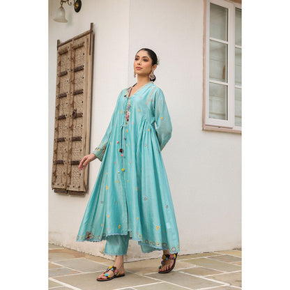 Label Niti Bothra Blue Gulzar Kalidar Embroidered Kurta with Slip and Pant (Set of 3)