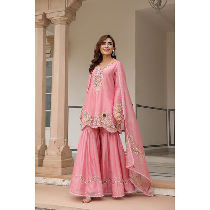 Label Niti Bothra Pink Gulzar Embroidered Kurta with Sharara and Dupatta (Set of 3)