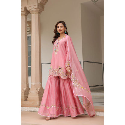 Label Niti Bothra Pink Gulzar Embroidered Kurta with Sharara and Dupatta (Set of 3)
