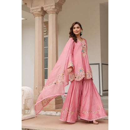 Label Niti Bothra Pink Gulzar Embroidered Kurta with Sharara and Dupatta (Set of 3)