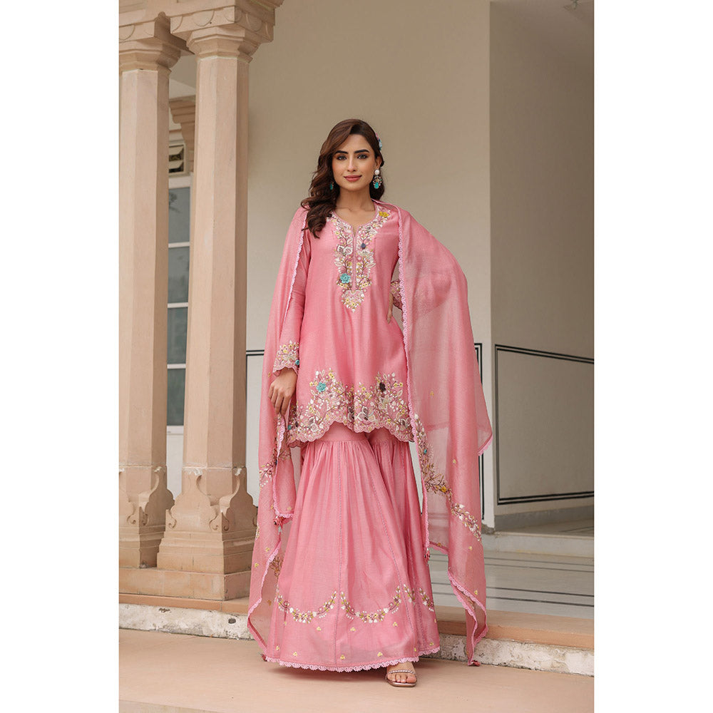 Label Niti Bothra Pink Gulzar Embroidered Kurta with Sharara and Dupatta (Set of 3)