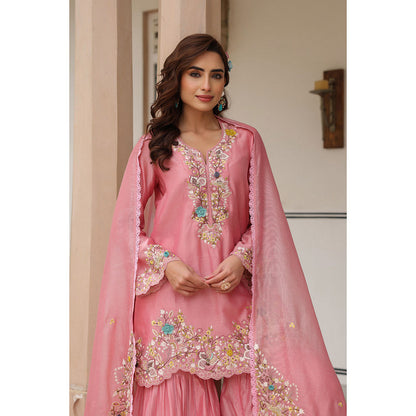 Label Niti Bothra Pink Gulzar Embroidered Kurta with Sharara and Dupatta (Set of 3)