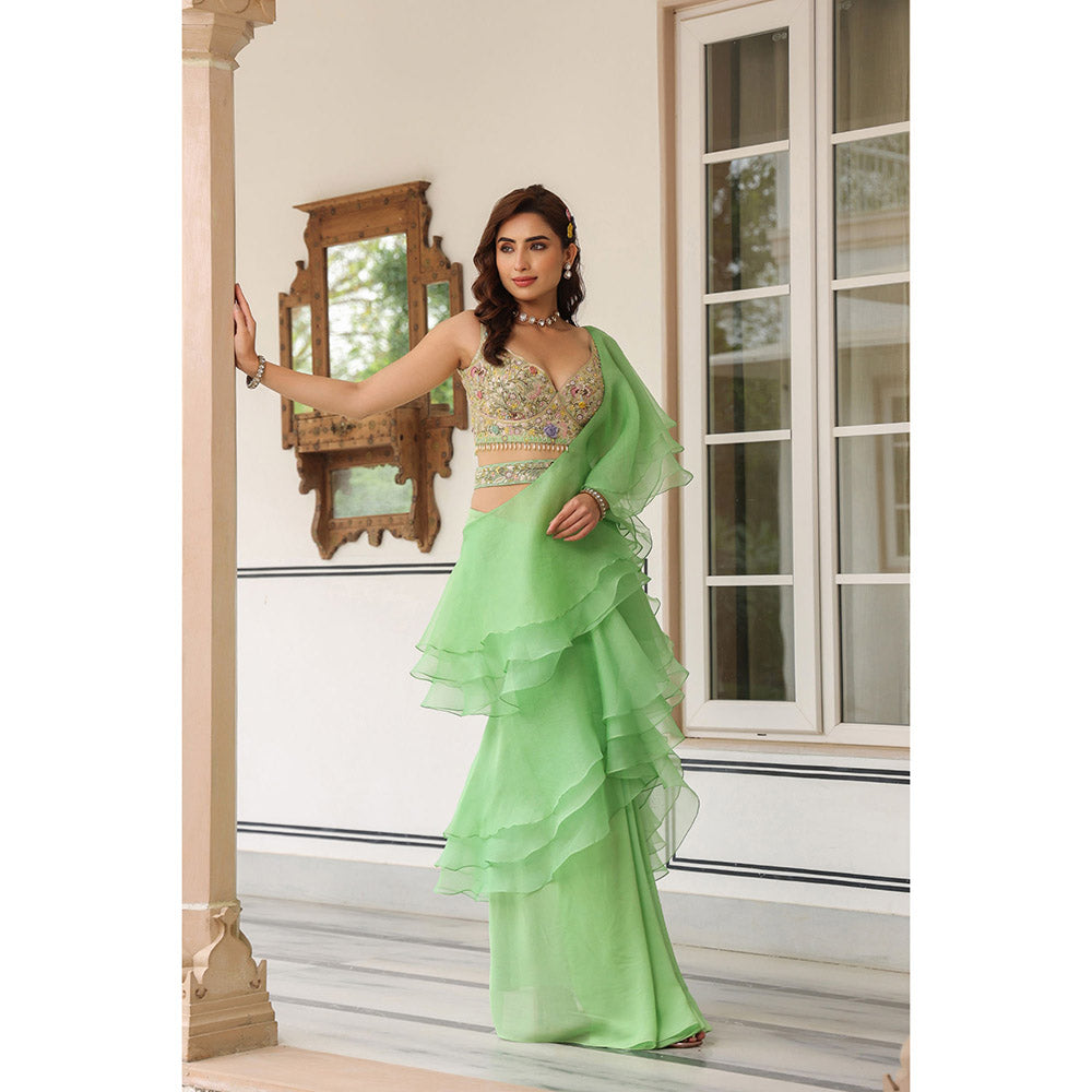 Label Niti Bothra Green Gulzar Ruffle Pre Draped Saree with Blouse and Belt