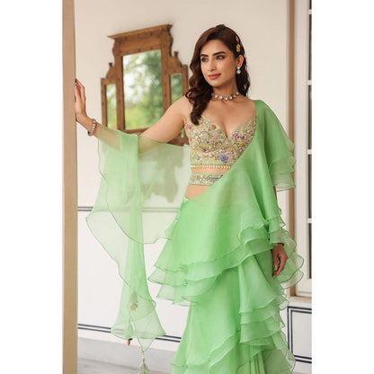 Label Niti Bothra Green Gulzar Ruffle Pre Draped Saree with Blouse and Belt