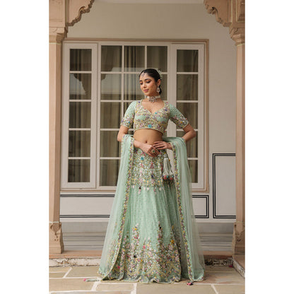 Label Niti Bothra Green Gulzar Jaal Lehenga with Blouse and Dupatta (Set of 3)
