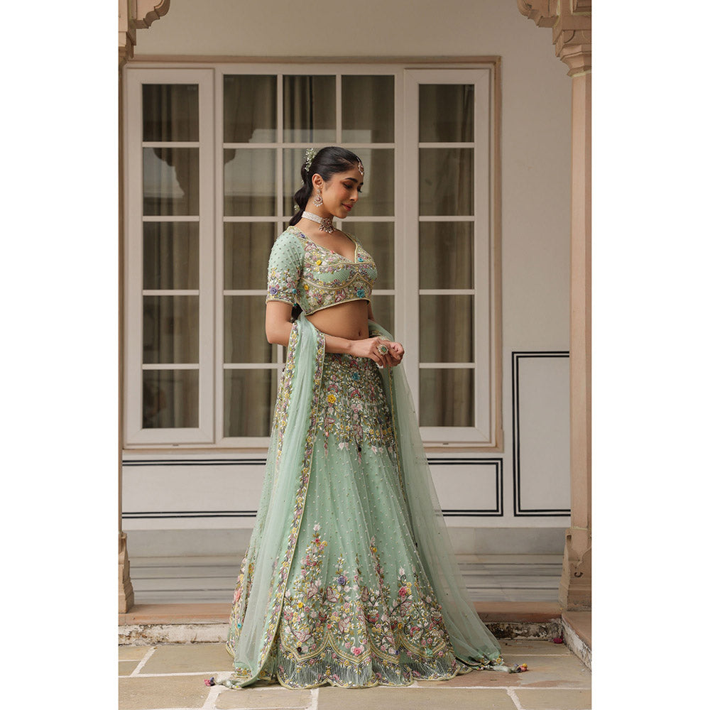Label Niti Bothra Green Gulzar Jaal Lehenga with Blouse and Dupatta (Set of 3)