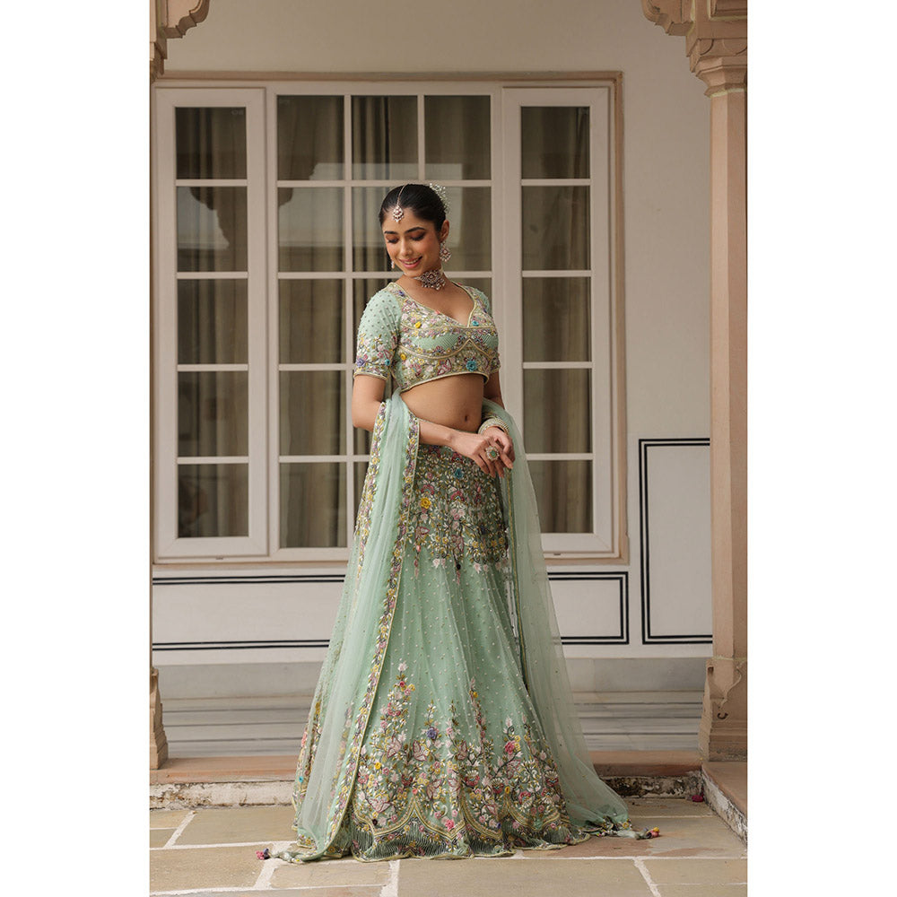 Label Niti Bothra Green Gulzar Jaal Lehenga with Blouse and Dupatta (Set of 3)