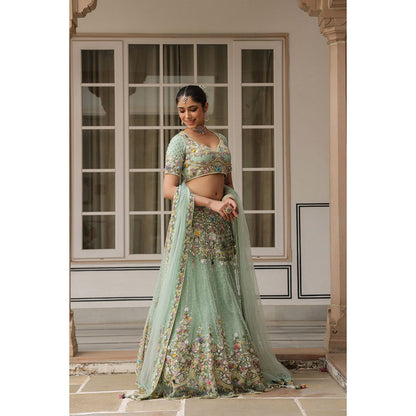 Label Niti Bothra Green Gulzar Jaal Lehenga with Blouse and Dupatta (Set of 3)