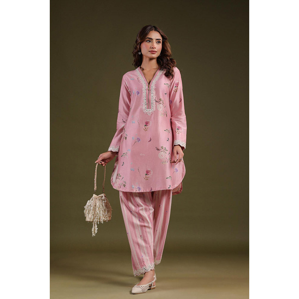 Label Niti Bothra Pink Noor Zipper Kurti with Pant (Set of 2)