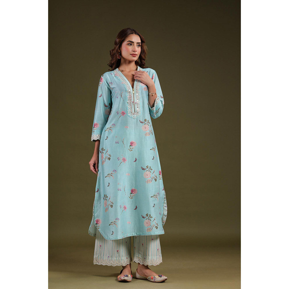 Label Niti Bothra Blue Noor Long Zipper Kurta with Pant (Set of 2)