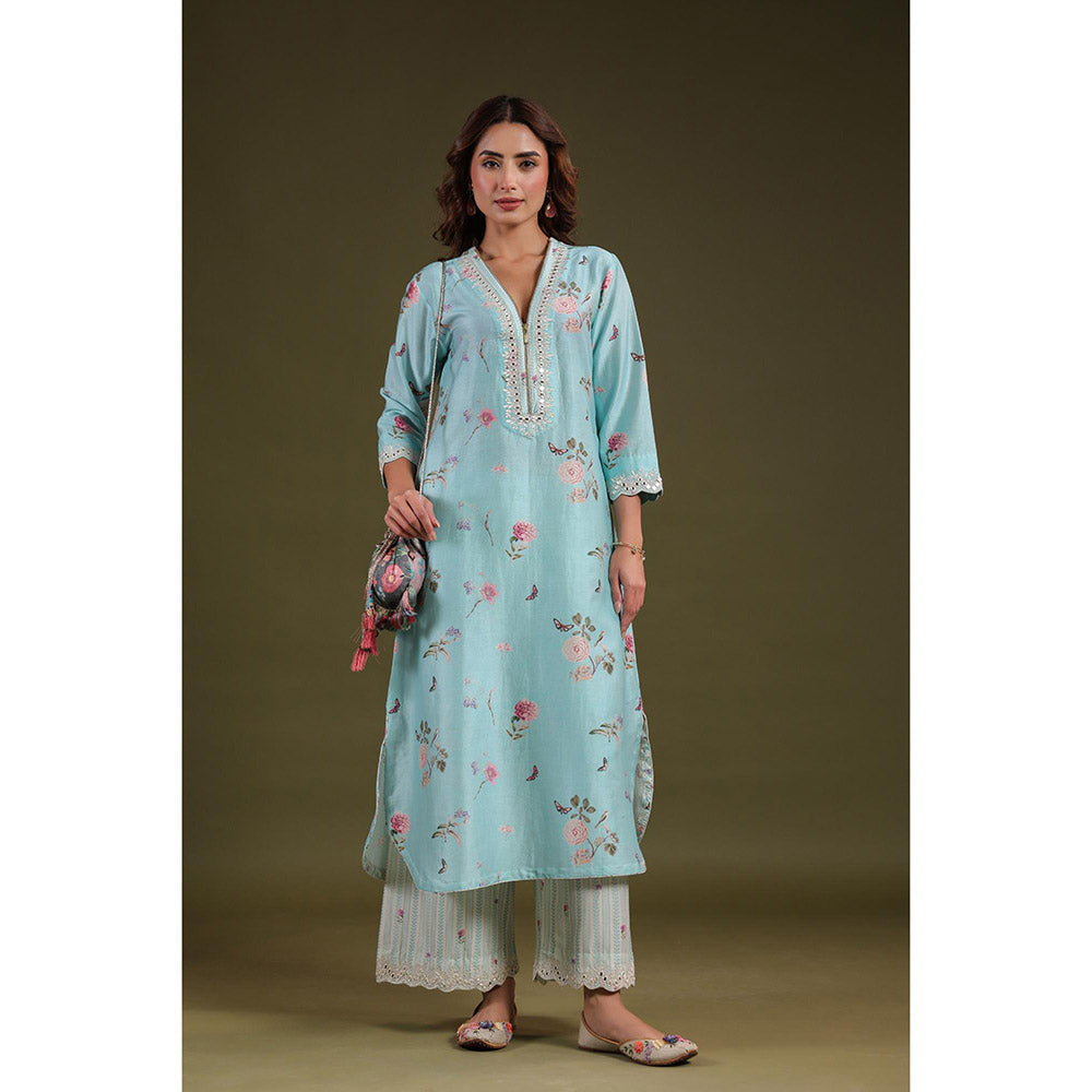 Label Niti Bothra Blue Noor Long Zipper Kurta with Pant (Set of 2)