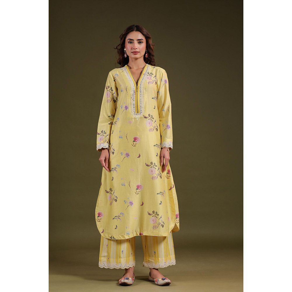 Label Niti Bothra Yellow Noor Long Zipper Kurta with Pant (Set of 2)