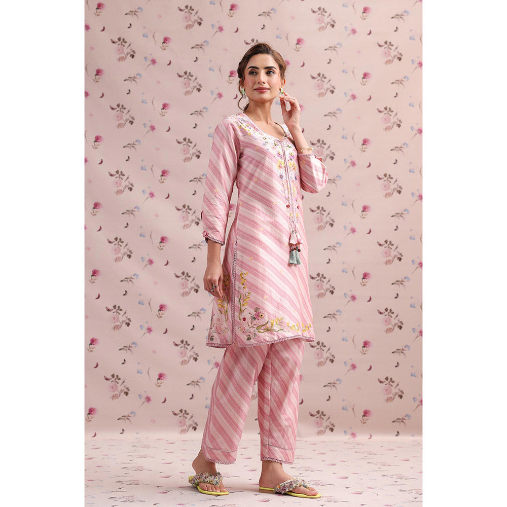 Label Niti Bothra Pink Noor Striped Straight Kurti with Pant (Set of 2)