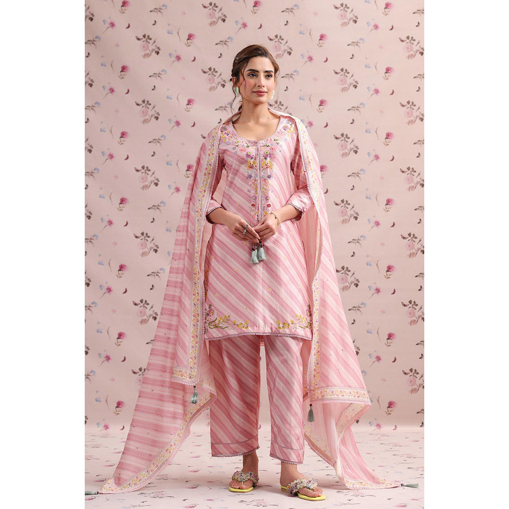 Label Niti Bothra Pink Noor Striped Straight Kurti with Pant (Set of 2)