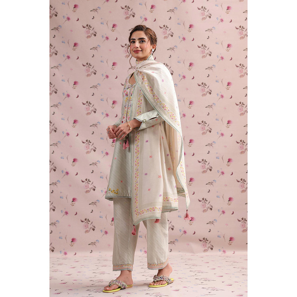 Label Niti Bothra Green Noor Striped Straight Kurti with Pant (Set of 2)