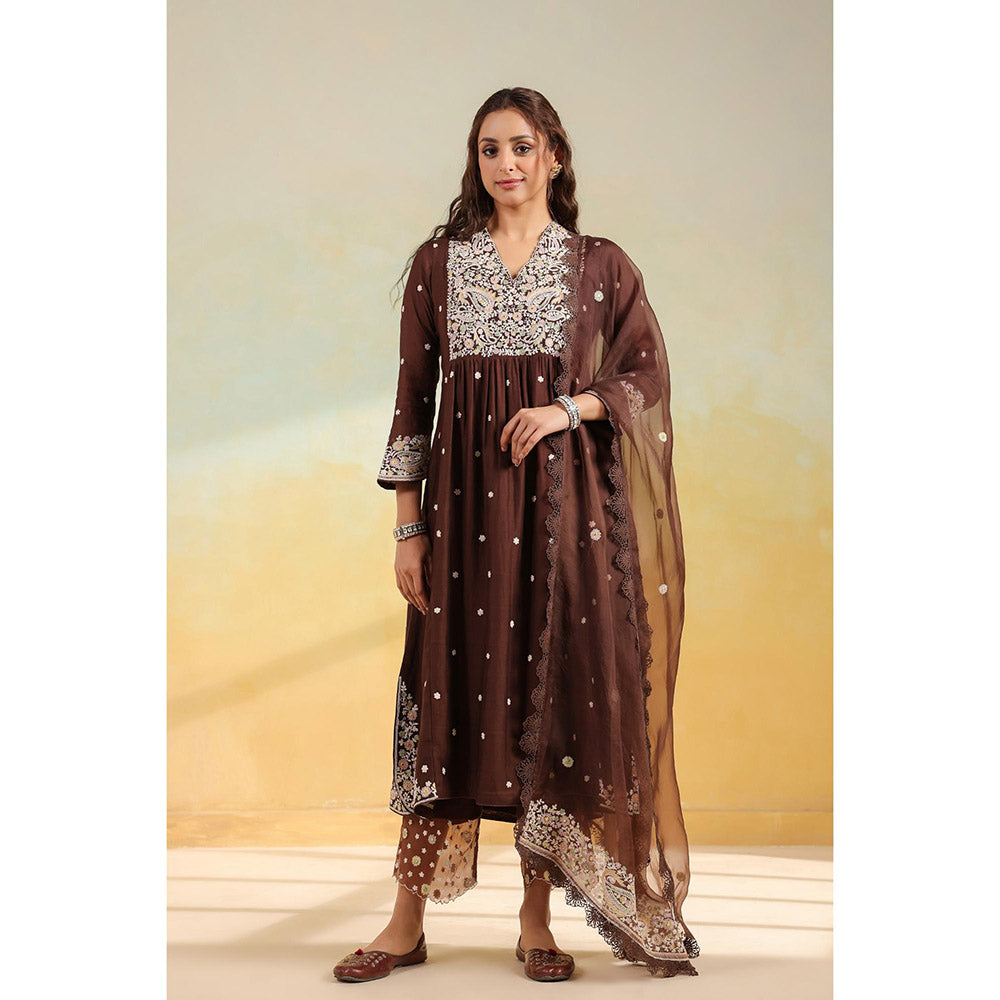 Label Niti Bothra Brown Dori Paisley Kurta With Pant And Dupatta