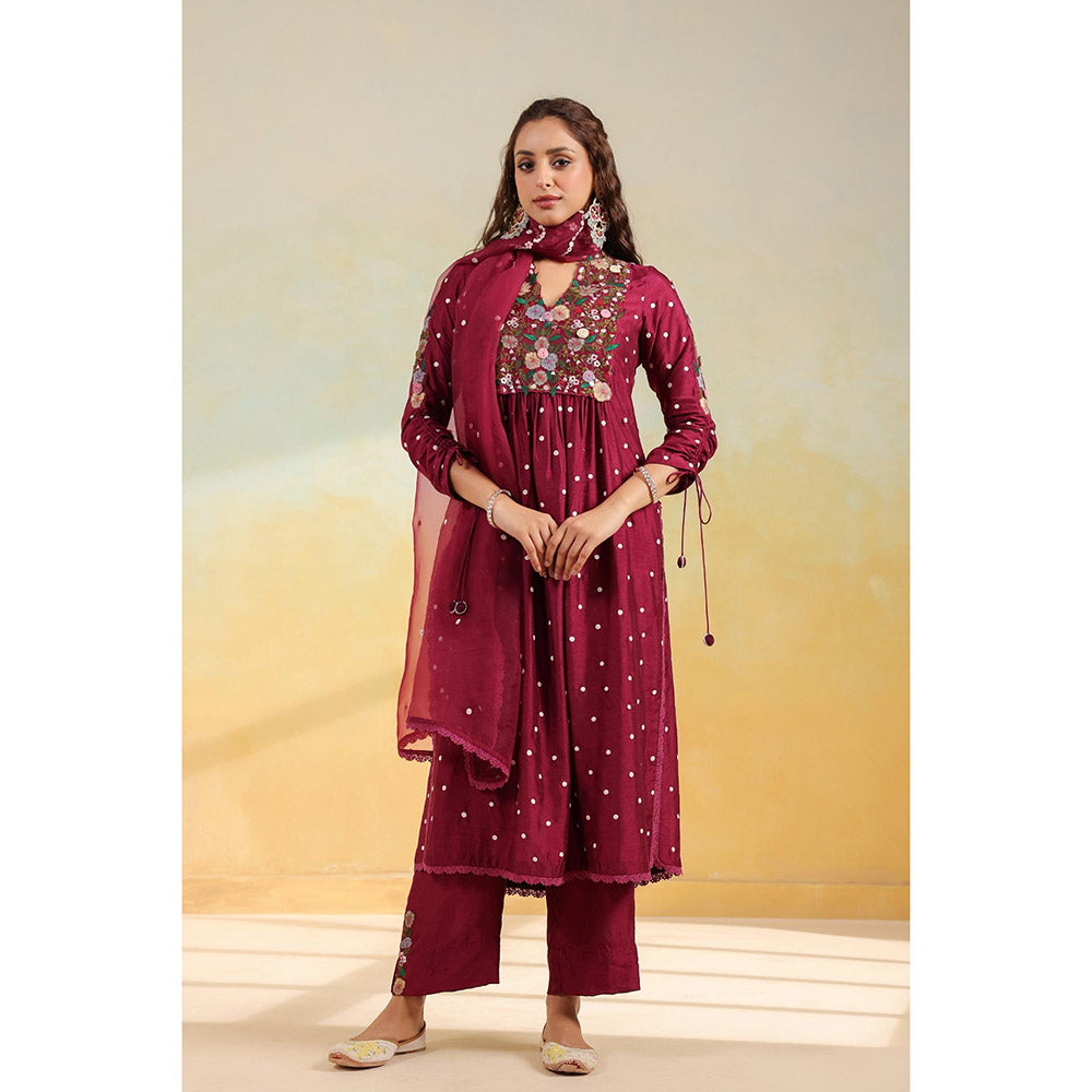 Label Niti Bothra Maroon Orchid Kurta With Pant And Dupatta