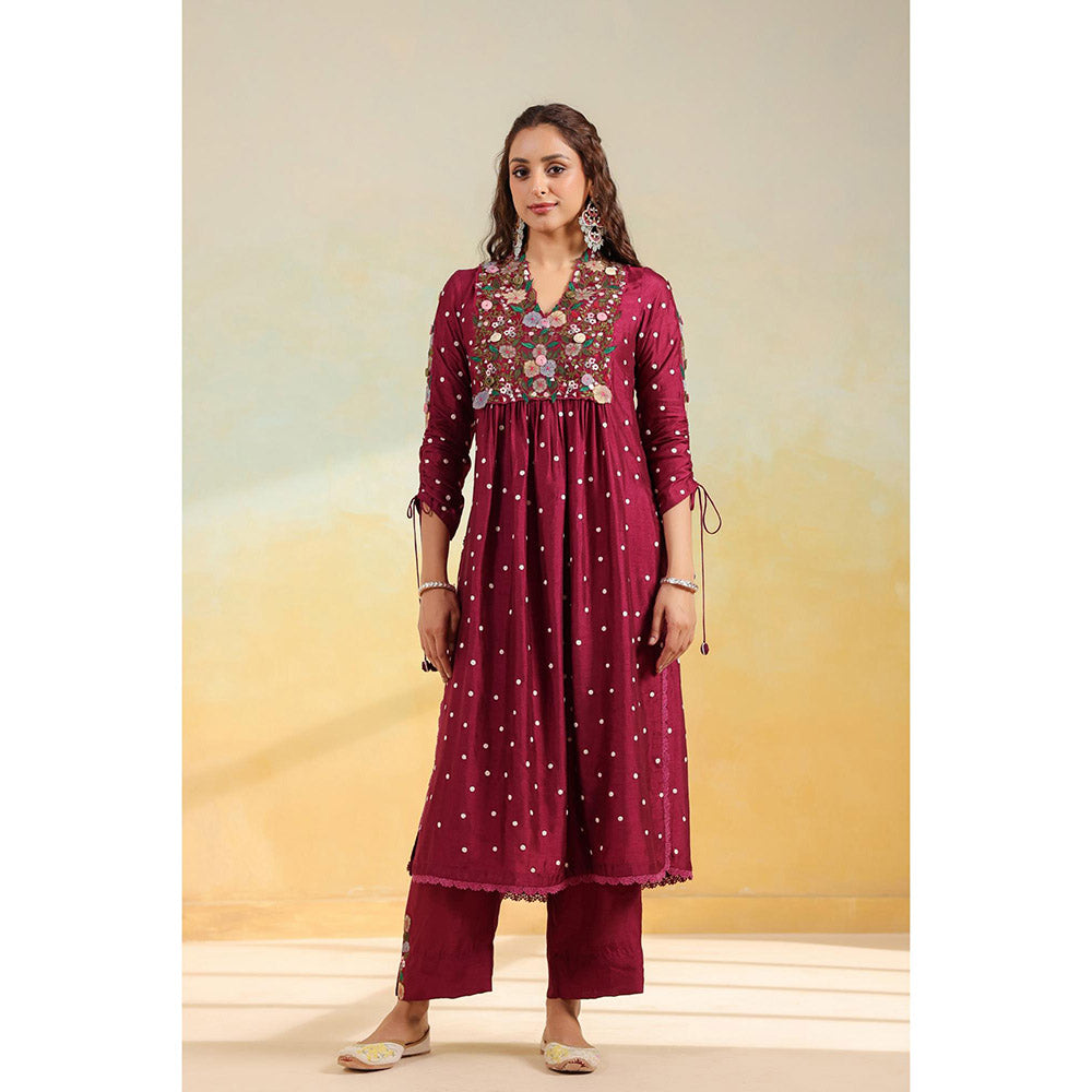 Label Niti Bothra Maroon Orchid Kurta With Pant And Dupatta