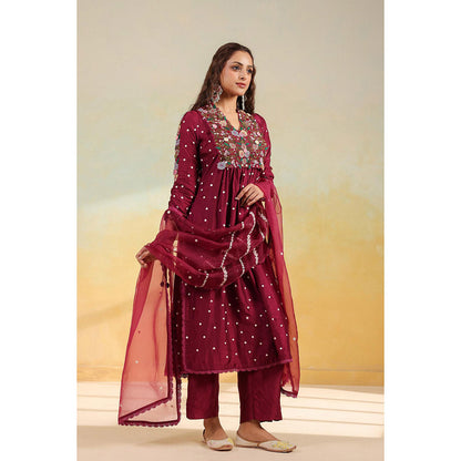 Label Niti Bothra Maroon Orchid Kurta With Pant And Dupatta