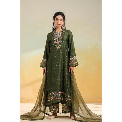 Label Niti Bothra Olive Green Orchid Long Kurta With Pant And Dupatta