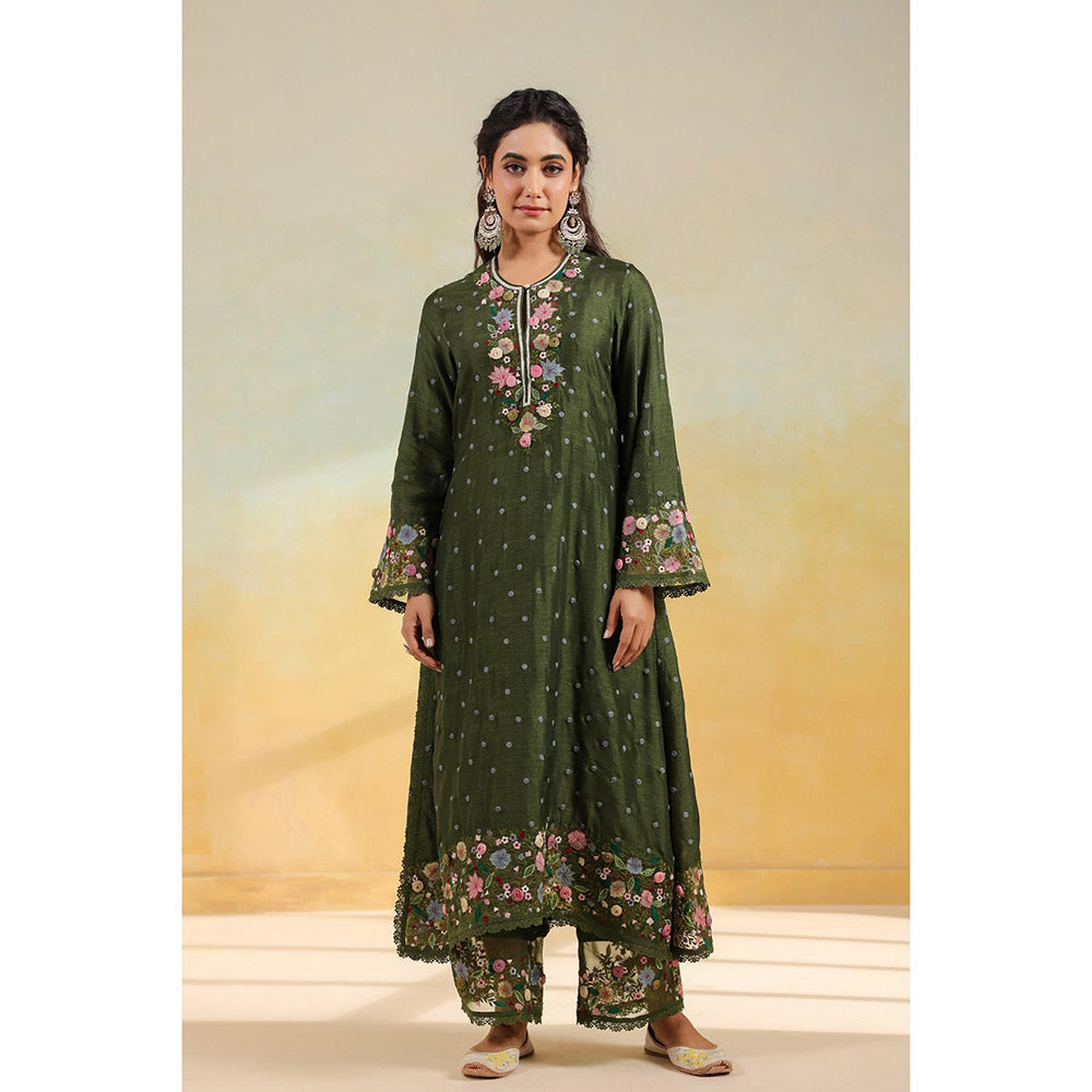 Label Niti Bothra Olive Green Orchid Long Kurta With Pant And Dupatta