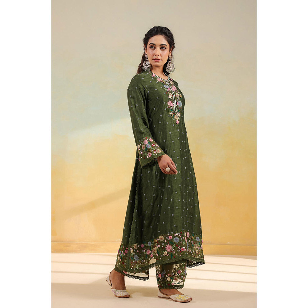 Label Niti Bothra Olive Green Orchid Long Kurta With Pant And Dupatta
