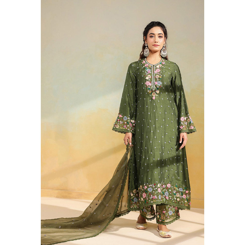 Label Niti Bothra Olive Green Orchid Long Kurta With Pant And Dupatta