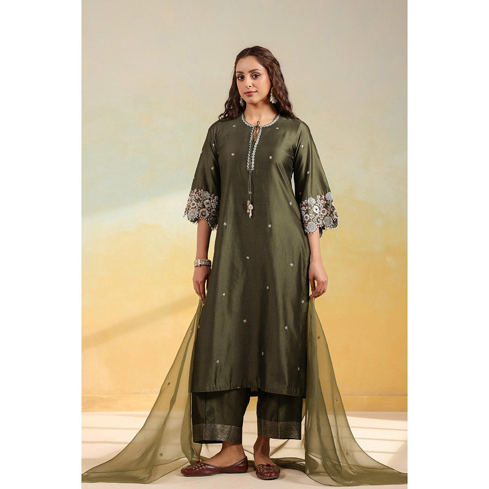 Label Niti Bothra Olive Green Rose Cut Scallop Kurta With Palazzo And Dupatta