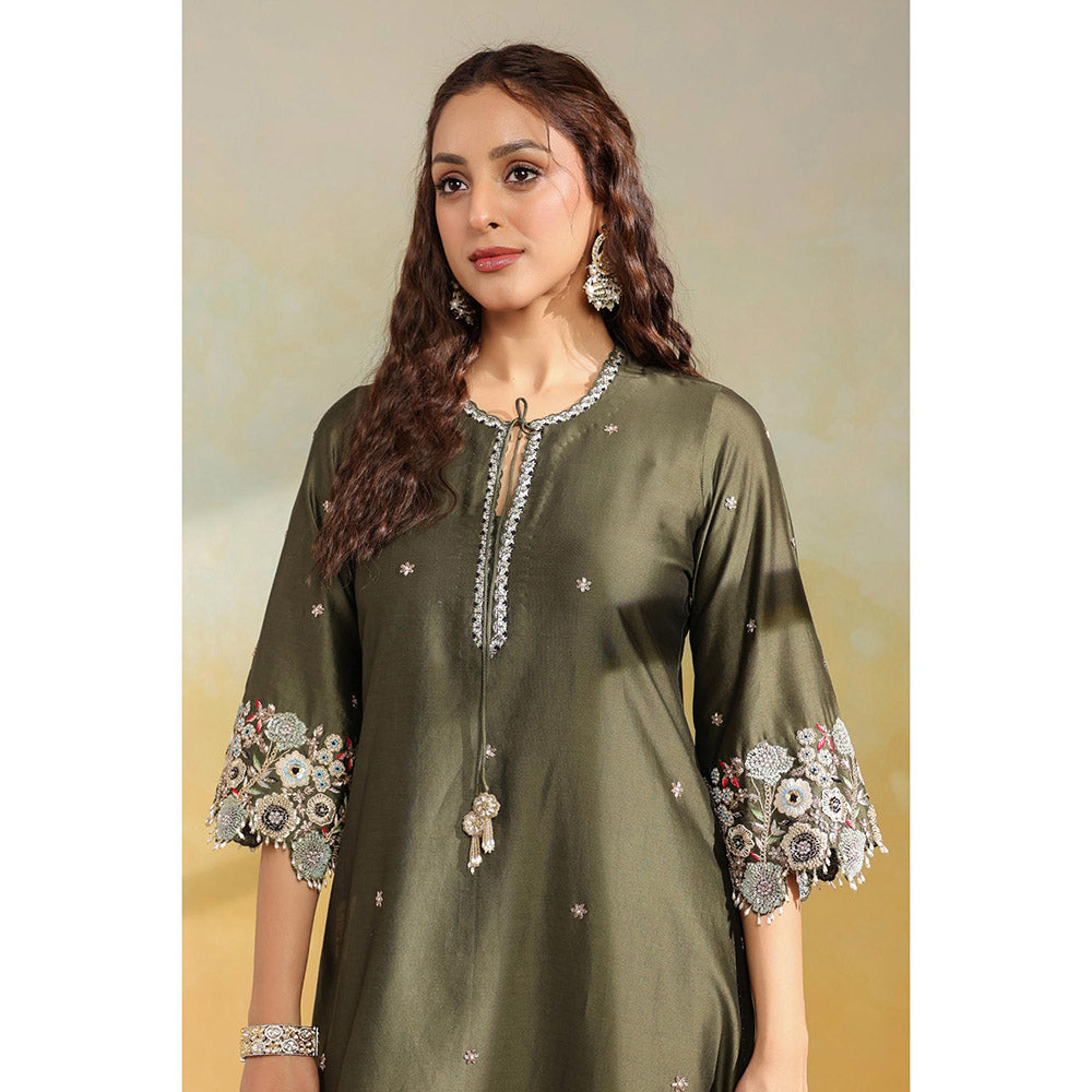 Label Niti Bothra Olive Green Rose Cut Scallop Kurta With Palazzo And Dupatta