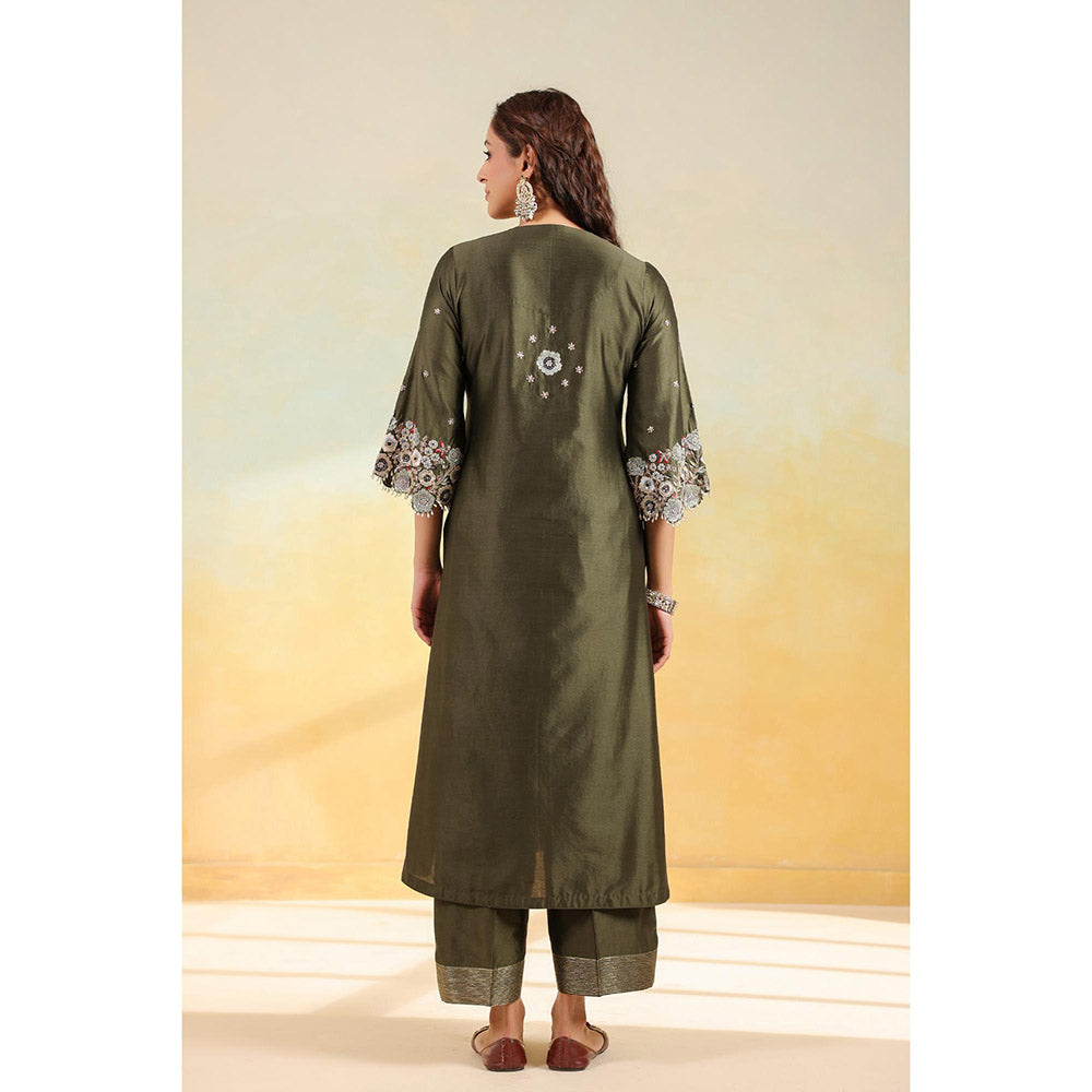 Label Niti Bothra Olive Green Rose Cut Scallop Kurta With Palazzo And Dupatta