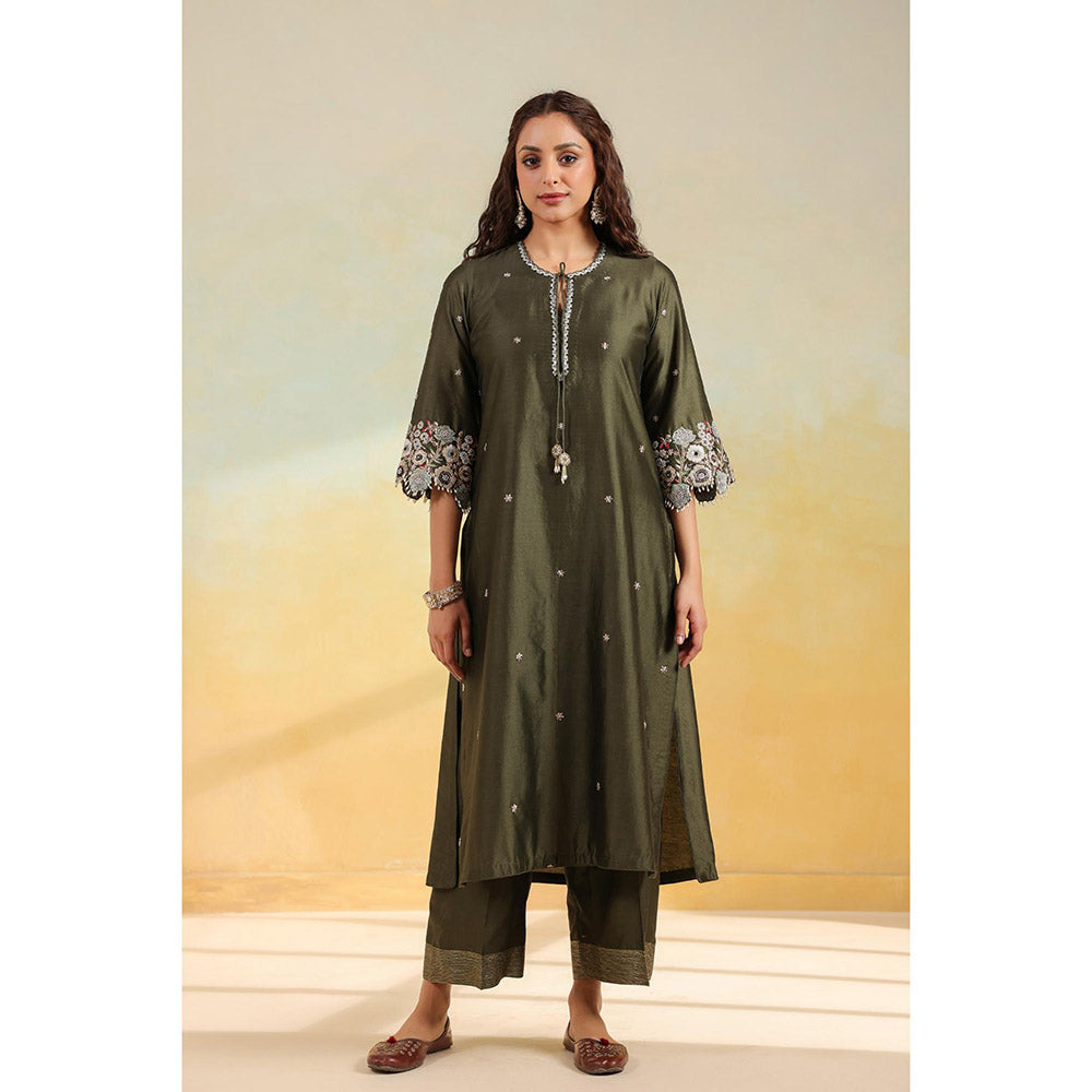 Label Niti Bothra Olive Green Rose Cut Scallop Kurta With Palazzo And Dupatta