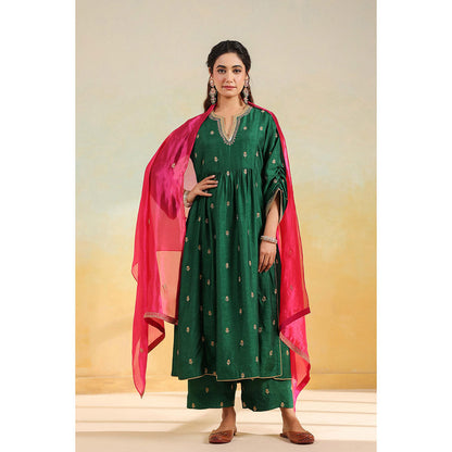 Label Niti Bothra Green Multi Zardozi Buti Anarkali Kurta With Pant And Dupatta
