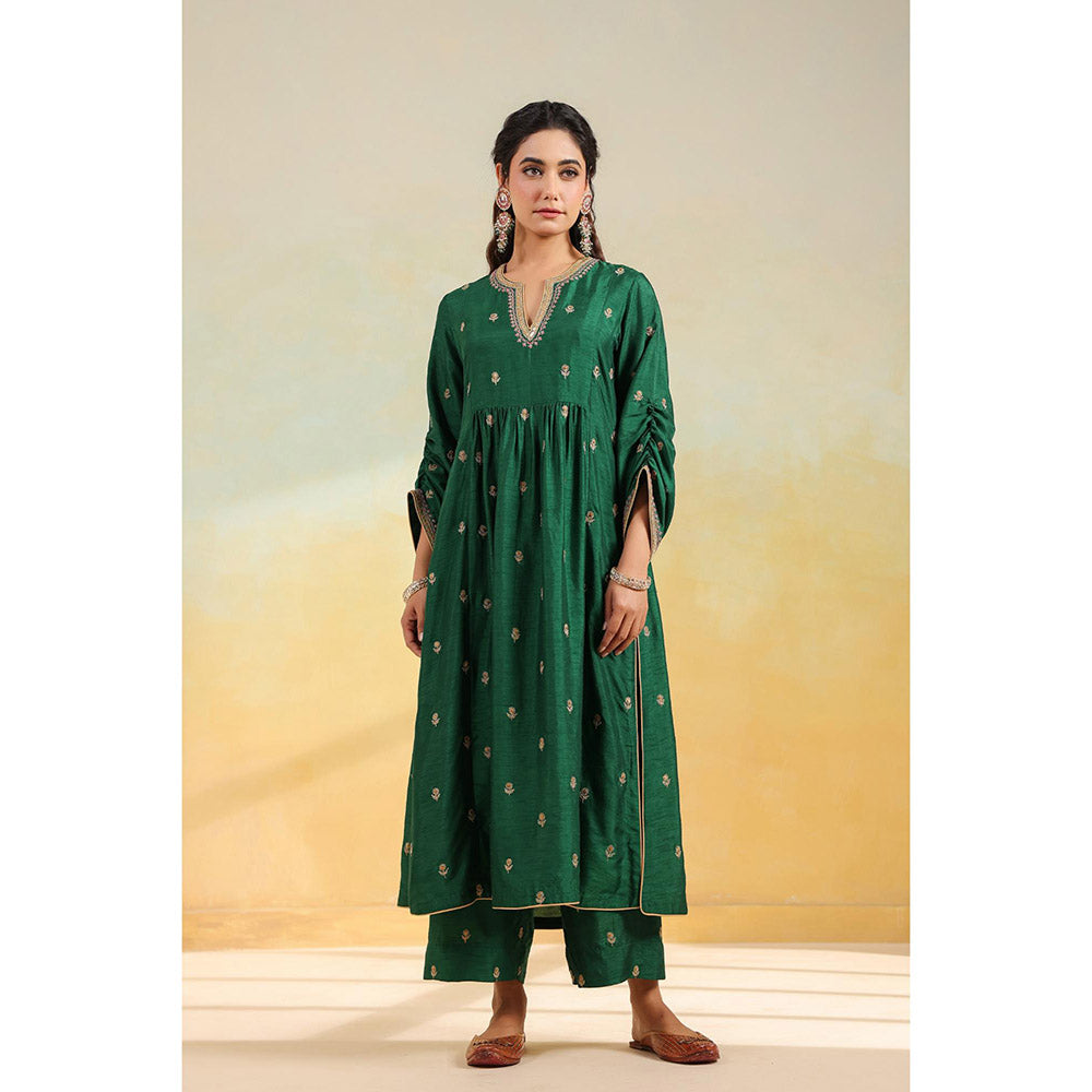 Label Niti Bothra Green Multi Zardozi Buti Anarkali Kurta With Pant And Dupatta