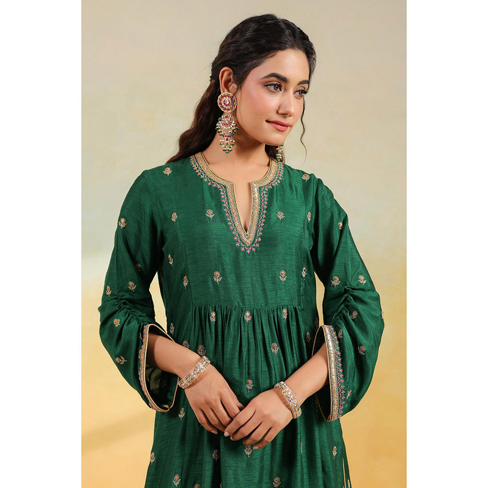 Label Niti Bothra Green Multi Zardozi Buti Anarkali Kurta With Pant And Dupatta
