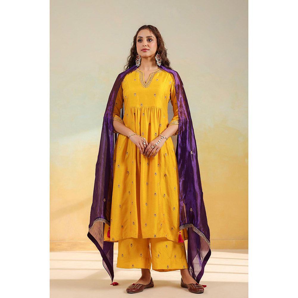 Label Niti Bothra Yellow Multi Zardozi Buti Anarkali Kurta With Pant And Dupatta