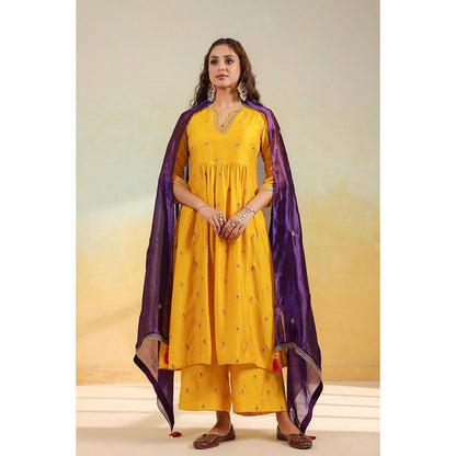Label Niti Bothra Yellow Multi Zardozi Buti Anarkali Kurta With Pant And Dupatta