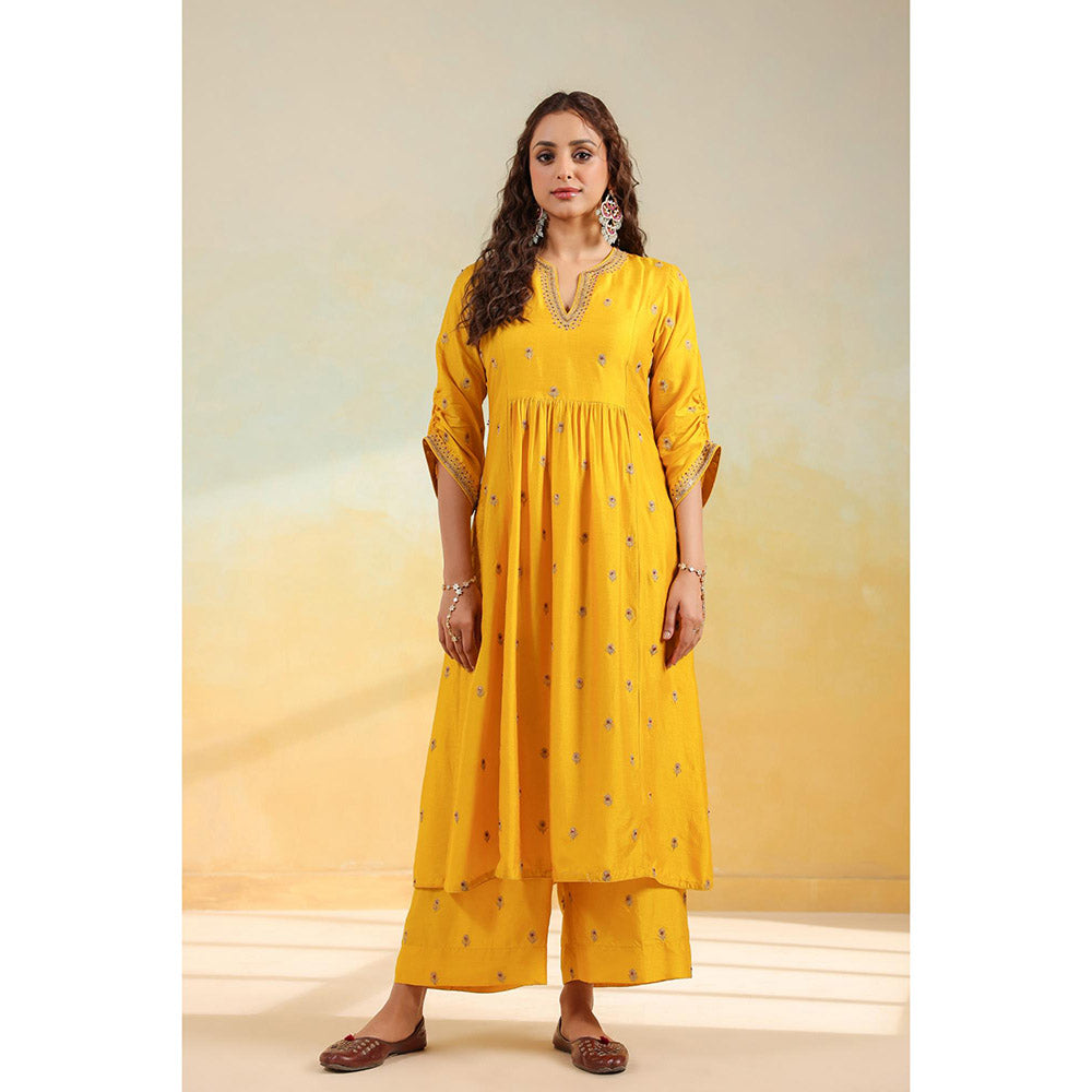 Label Niti Bothra Yellow Multi Zardozi Buti Anarkali Kurta With Pant And Dupatta