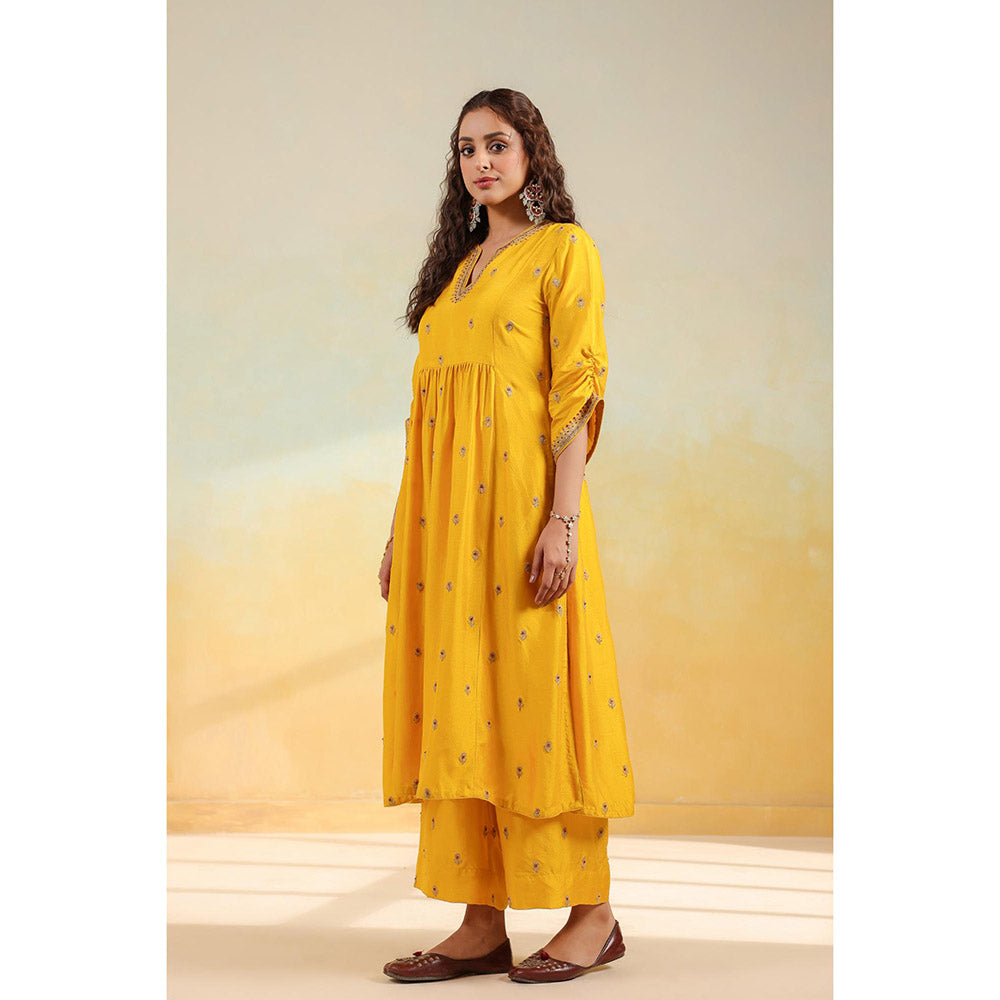 Label Niti Bothra Yellow Multi Zardozi Buti Anarkali Kurta With Pant And Dupatta