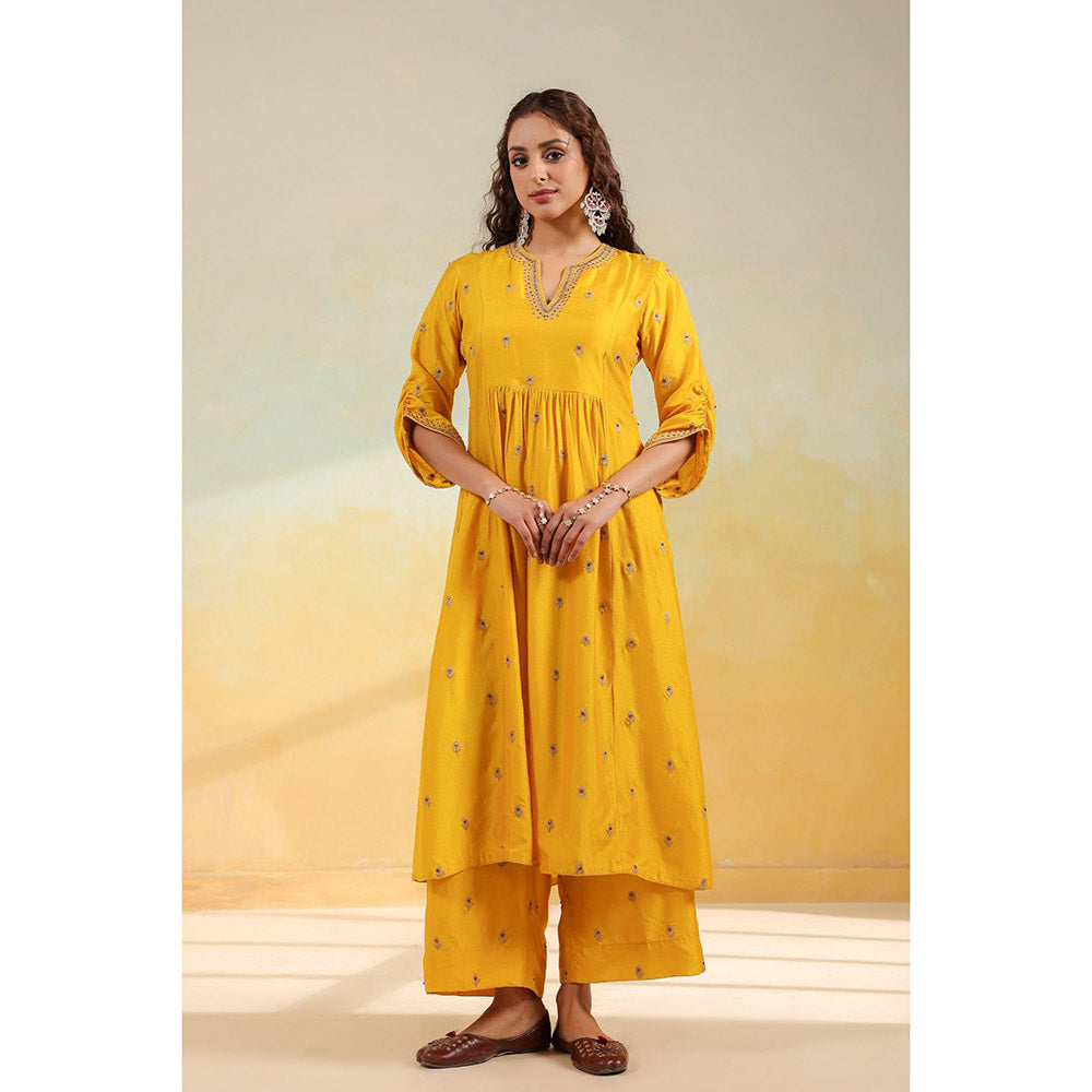 Label Niti Bothra Yellow Multi Zardozi Buti Anarkali Kurta With Pant And Dupatta