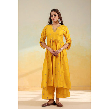 Label Niti Bothra Yellow Multi Zardozi Buti Anarkali Kurta With Pant And Dupatta
