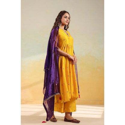 Label Niti Bothra Yellow Multi Zardozi Buti Anarkali Kurta With Pant And Dupatta