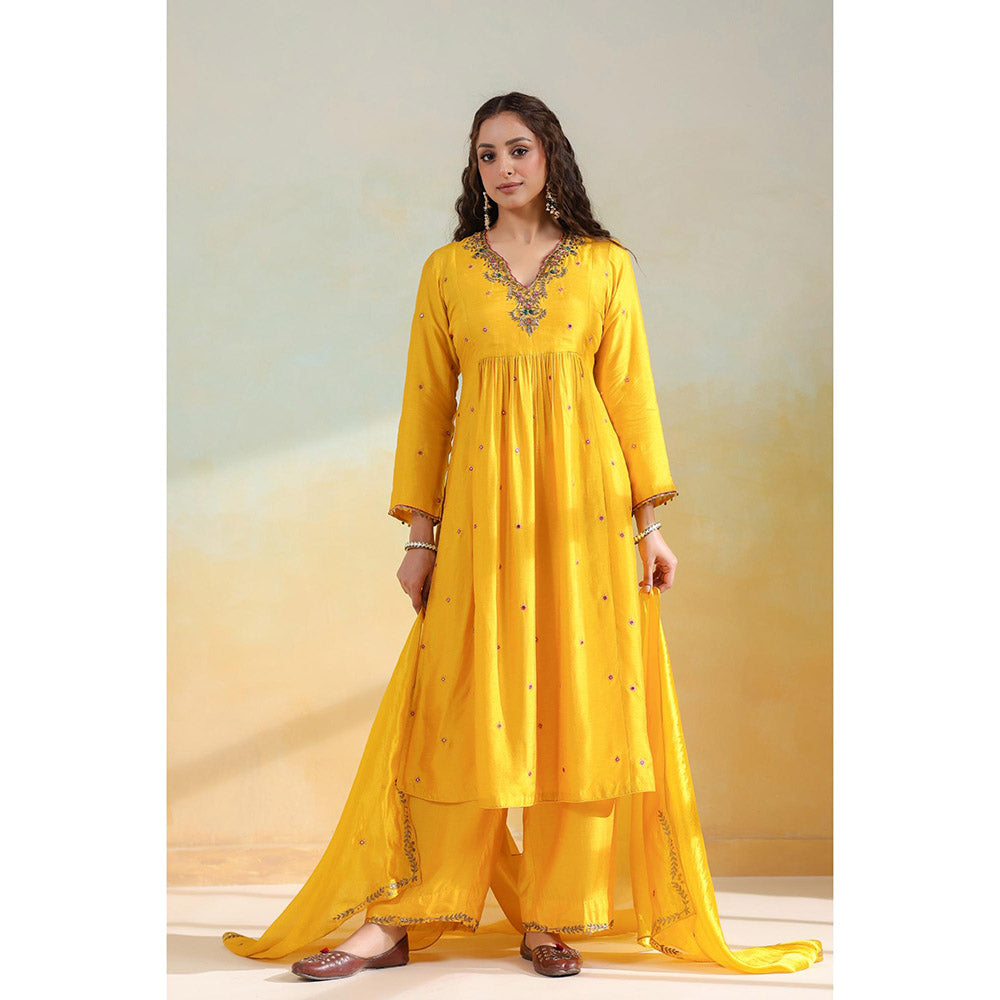 Label Niti Bothra Yellow Multicolour Zardozi Anarkali Kurta With Pant And Dupatta