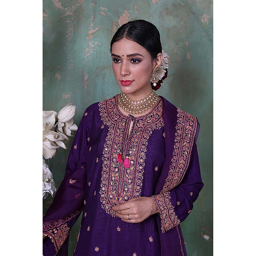 Label Niti Bothra Purple Marodi Long Kurta with Palazzo and Dupatta