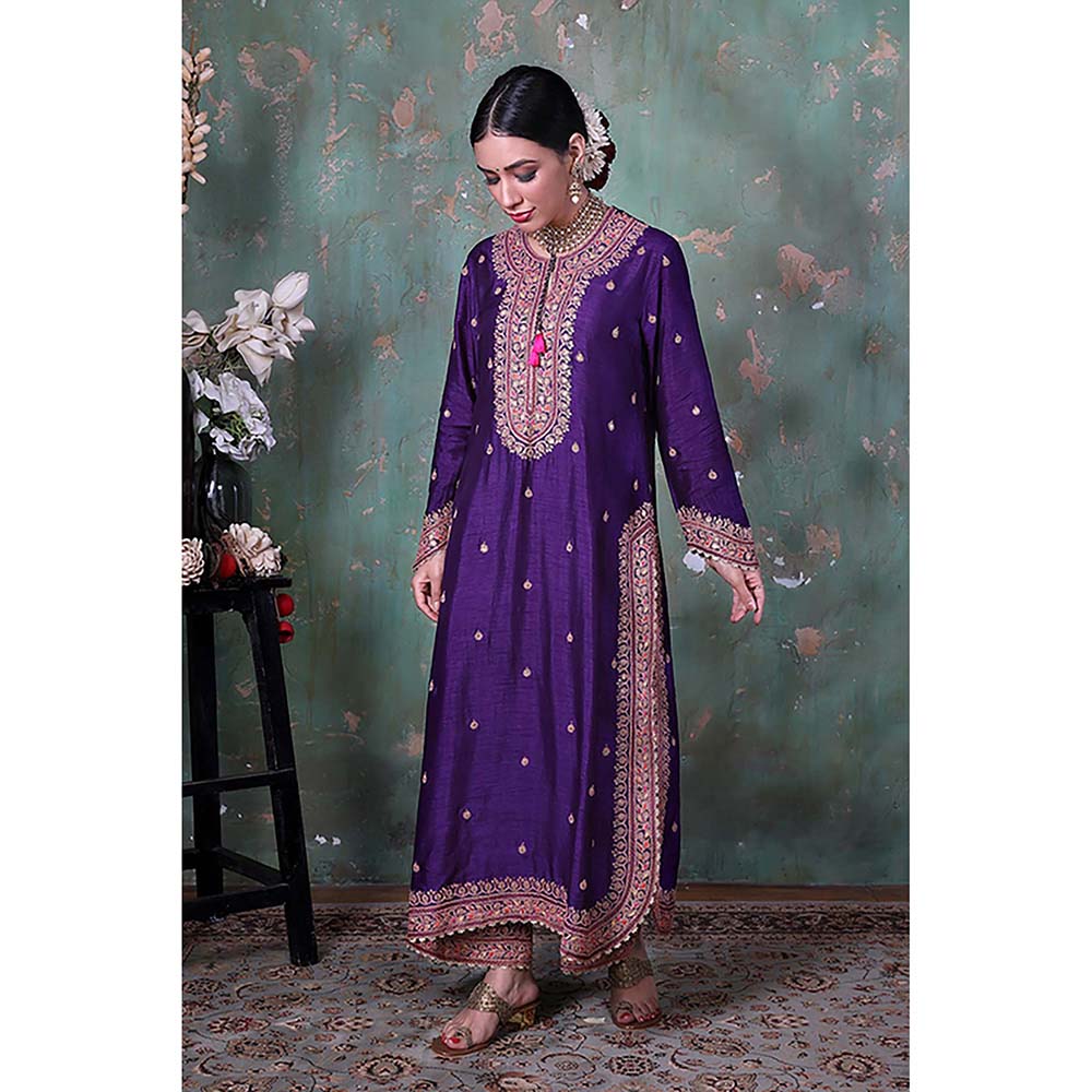 Label Niti Bothra Purple Marodi Long Kurta with Palazzo and Dupatta