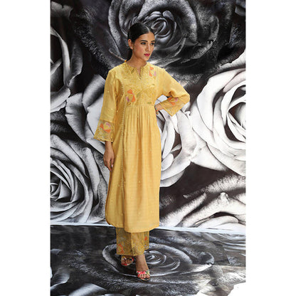 Label Niti Bothra Yellow Embroidered Frock Style Kurta With Palazzo