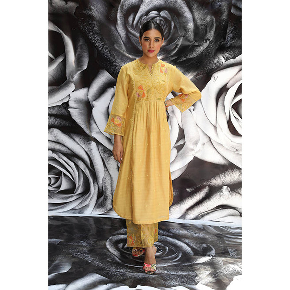 Label Niti Bothra Yellow Embroidered Frock Style Kurta With Palazzo