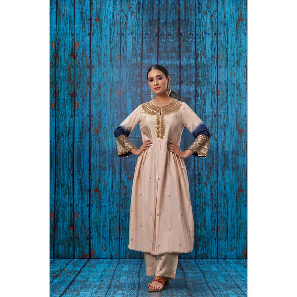 Label Niti Bothra Ivory Blue Ombre Heavy Pitta Neck And Marodi Sleeves Kurta With Palazzo
