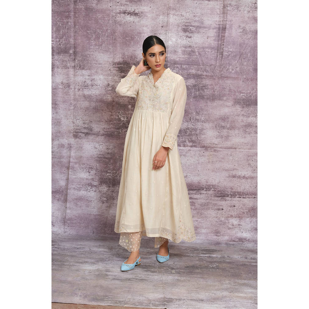 Label Niti Bothra Ivory Dori Embroidered Frock Style Kurta With Palazzo
