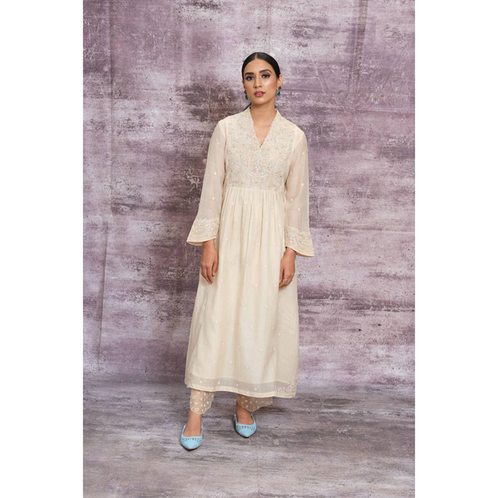 Label Niti Bothra Ivory Dori Embroidered Frock Style Kurta With Palazzo