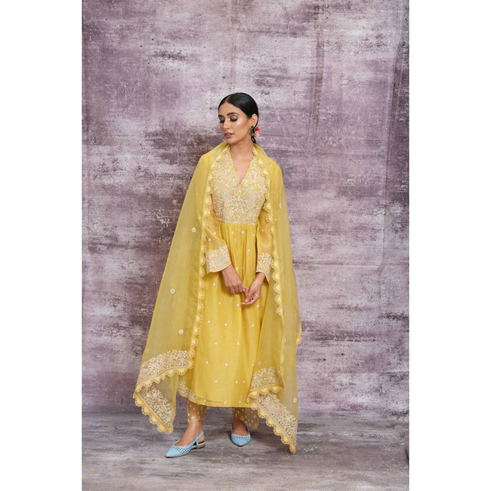 Label Niti Bothra Yellow Dori Embroidered Frock Style Kurta With Palazzo